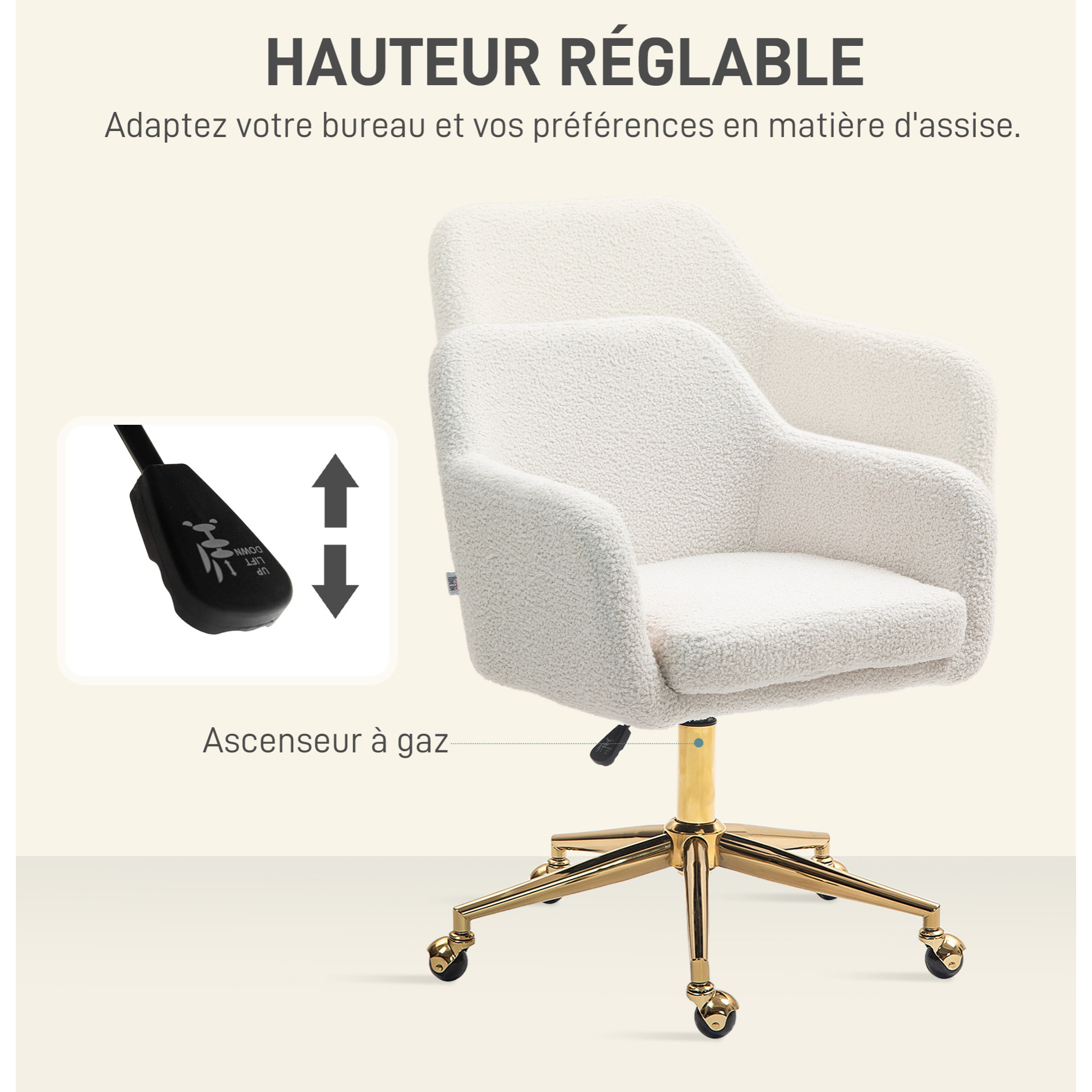 Chaise de bureau style Art déco piètement acier doré assise dossier accoudoirs enveloppant effet laine bouclée crème