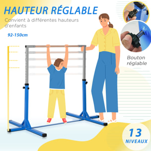 Barre fixe de gymnastique enfant - barre de gymnastique hauteur réglable 13 niveaux 92 à 150 cm - acier bleu bois massif hêtre