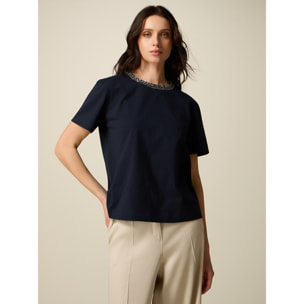 Oltre - T-shirt in cotone con collo gioiello - Blu