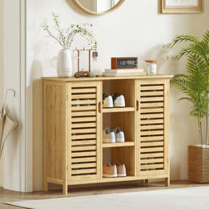 Zapatero de Bambú con 2 Puertas de Lamas Zapatero Entrada Recibidor con Estantes y Compartimentos Abiertos para 9 Pares de Zapatos 100x33x86 cm Natural