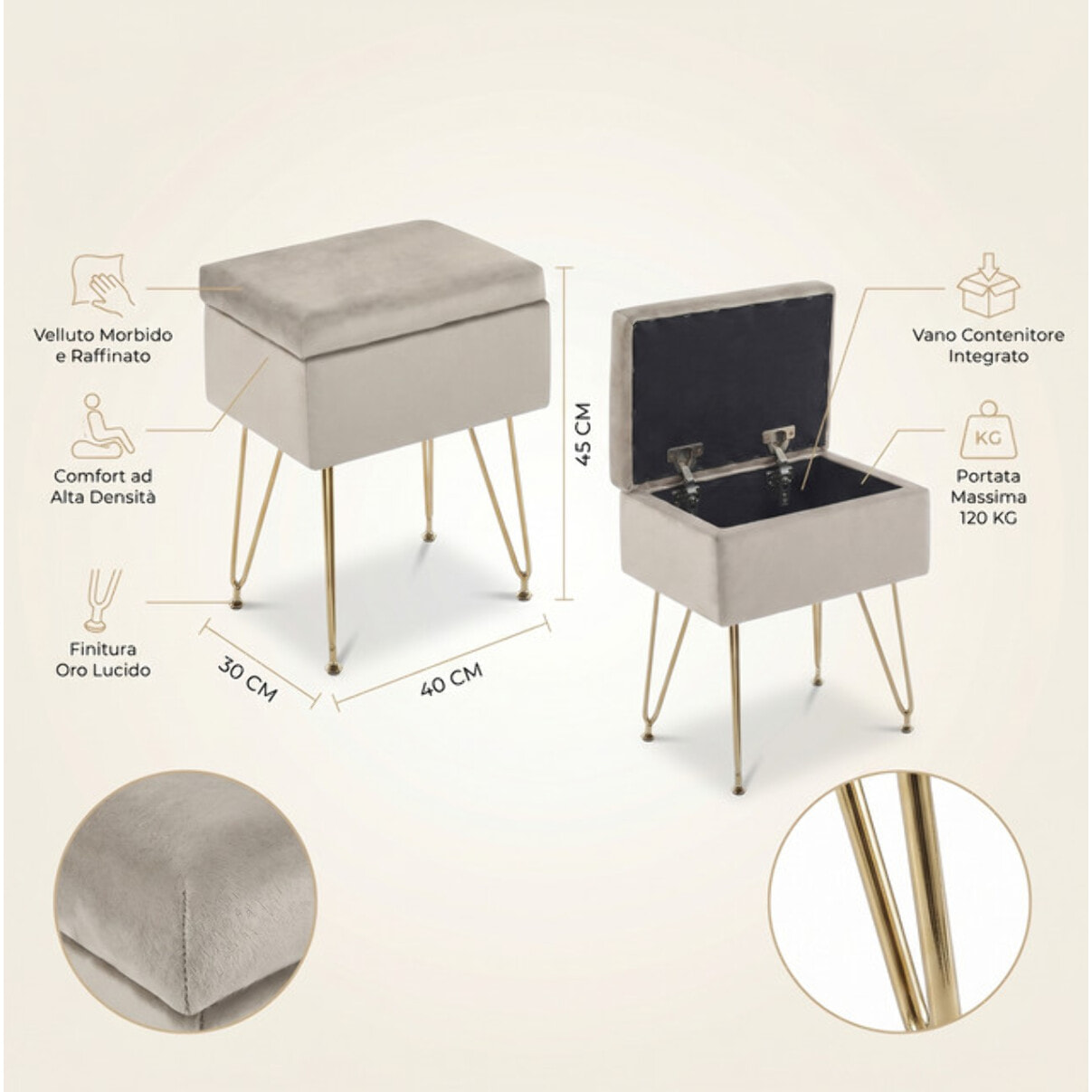 Panca Contenitore in Effetto Velluto con Seduta Imbottita e Vano Portaoggetti, Design Moderno con Gambe in Acciaio per Ingresso, Camera da Letto e Soggiorno