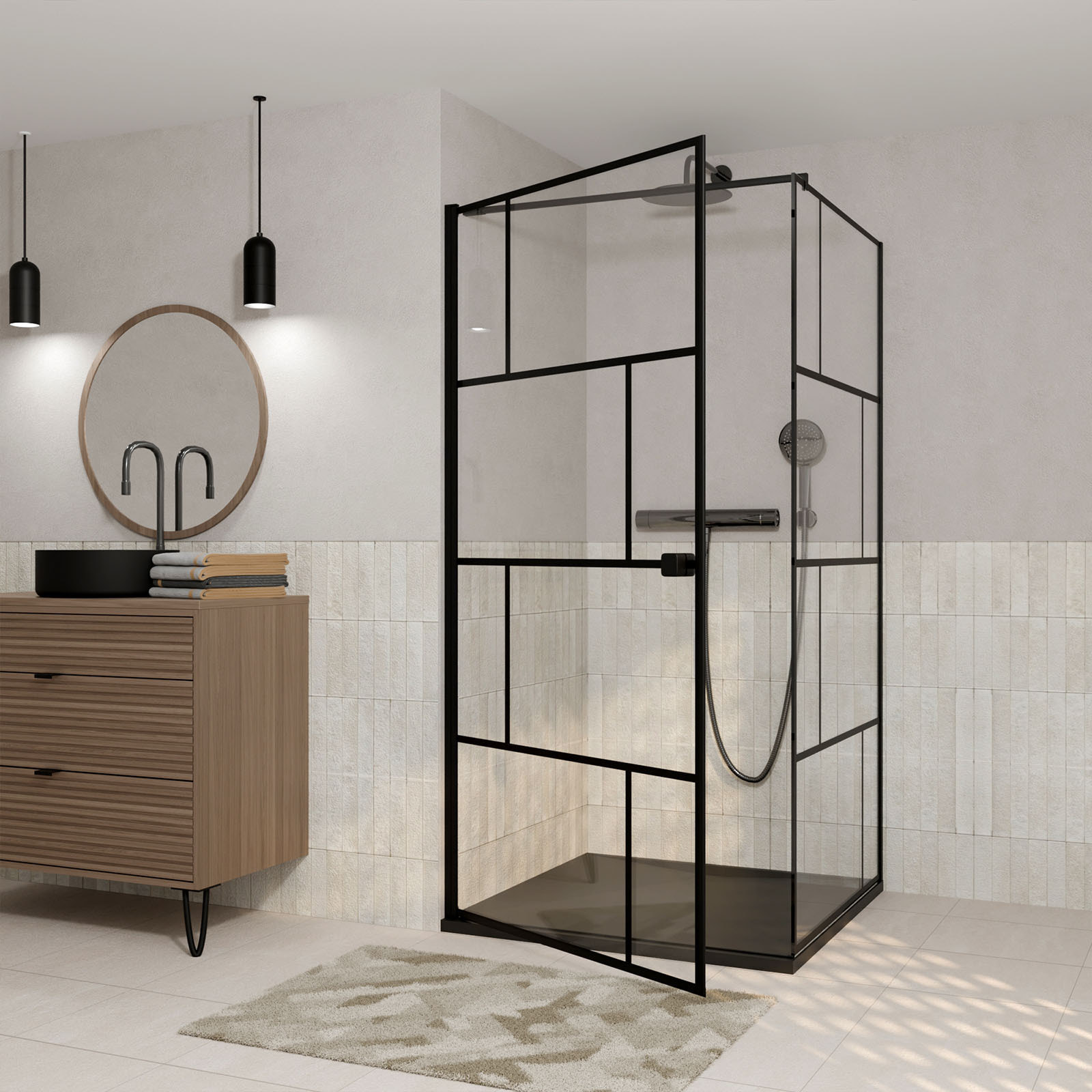 Porte de douche Pivotante 80x180cm et Retour 80 cm - Sérigraphie Noire Motif Brique - Verre 5mm