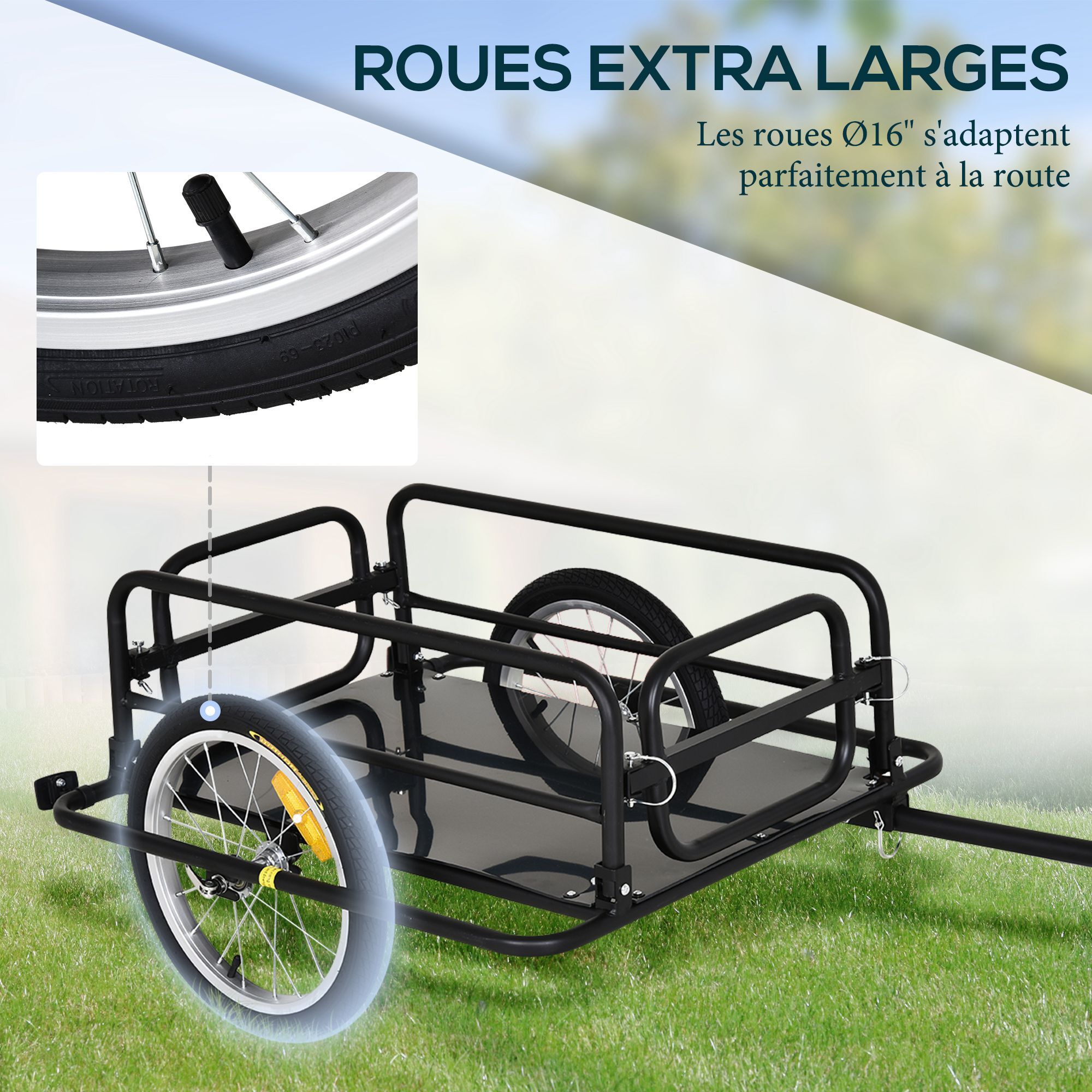 Remorque vélo remorque de transport pour vélo pliable 70L 139L x 71,5l x 49H cm barre d'attelage universelle acier noir