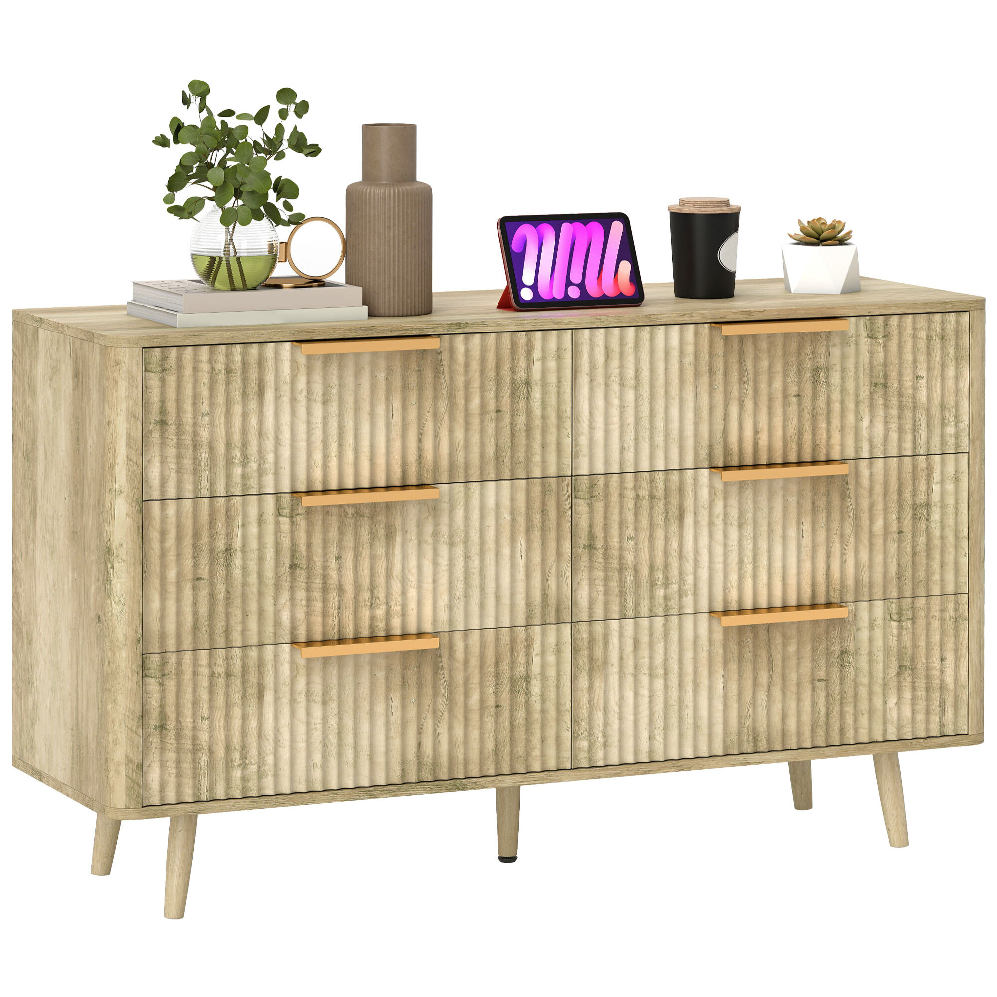 Cómoda de 6 Cajones Cómoda para Dormitorio con Diseño Estriado y Patas de Madera Cajonera para Salón Pasillo 62x35x105 cm Roble