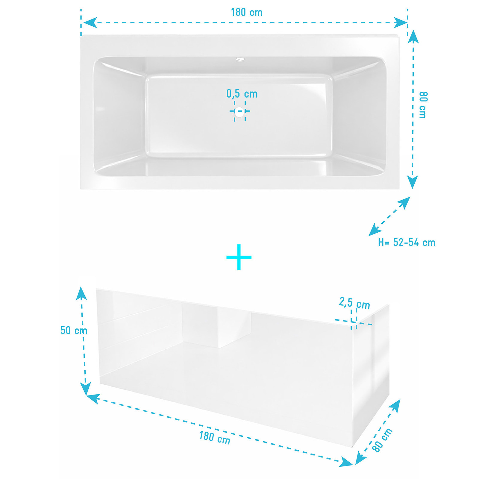 Pack Baignoire 180x80cm et 2 Tabliers recoupables - Blanc Brillant - Marina Square Duo