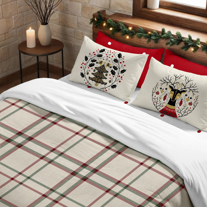 Housse de couette avec pressions 100% coton Carreaux Noël
