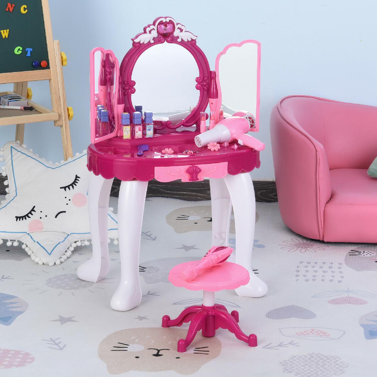 Coiffeuse Enfant Table de Maquillage Fonction de Lumière et de Musique Fuchsia Rose Blanc