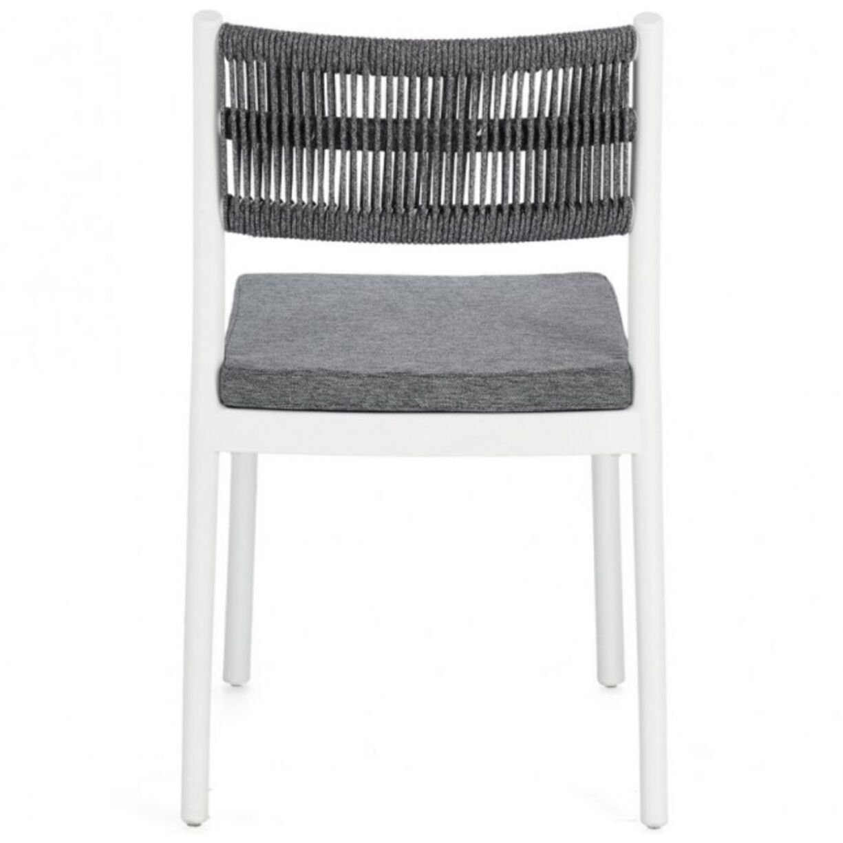 Set di 4 sedie ALVIN in polipropilene bianco e corda intrecciata grigio scuro, impilabili