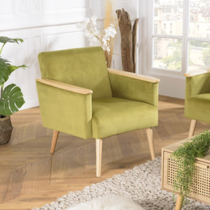 AGATHE - Fauteuil velours vert clair pieds et accoudoirs bois