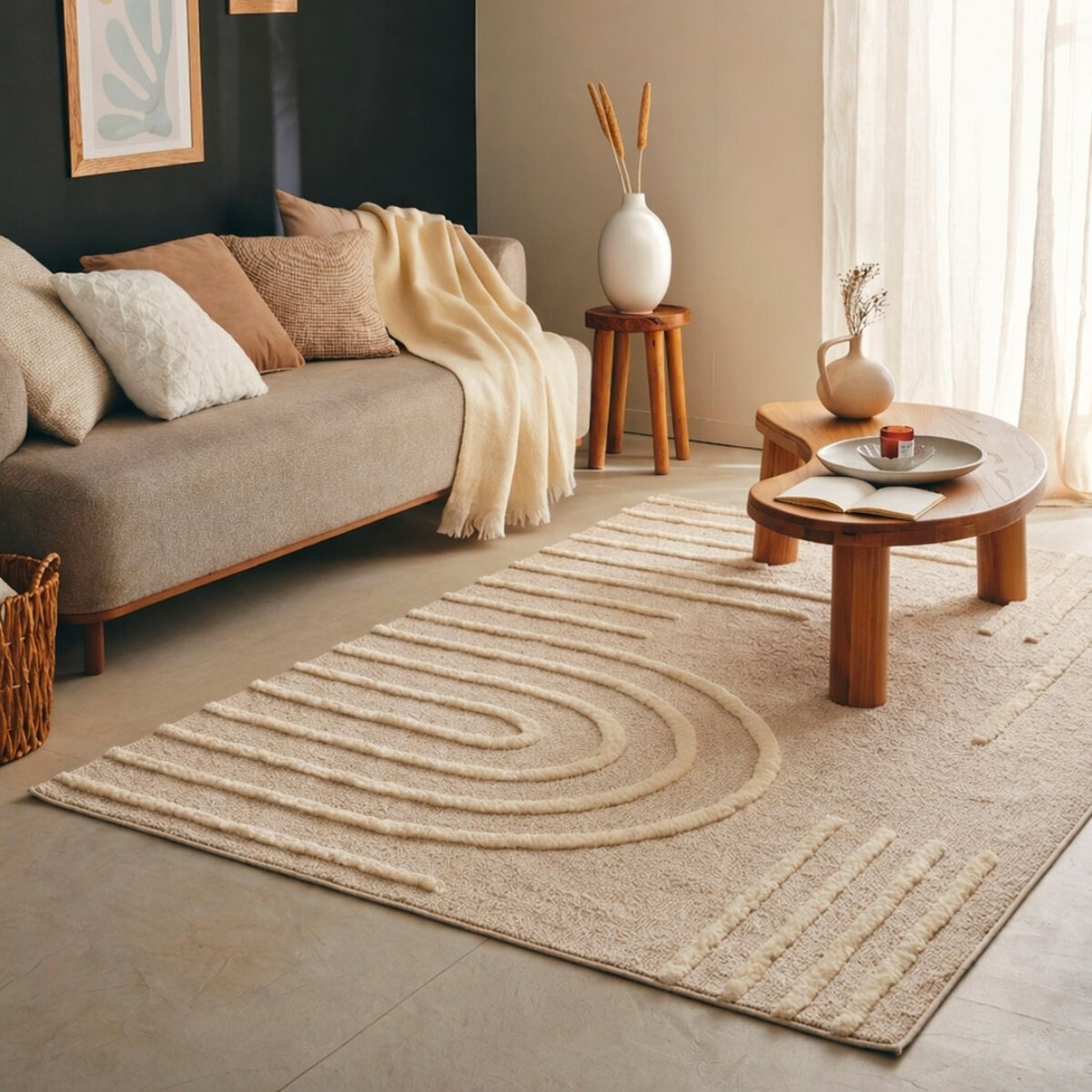 HARMONIE - Tapis de salon crème à motif en relief