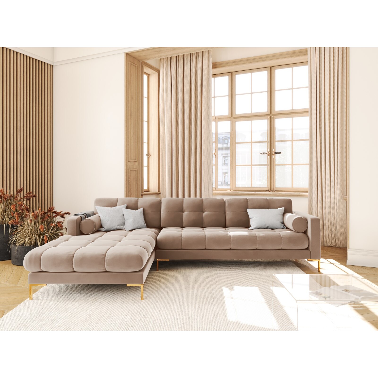 Canapé d'angle gauche "Bali" 5 places en velours beige