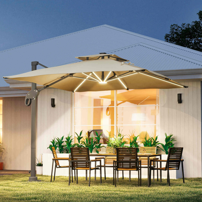 Parasol déporté LED carré double toit inclinable pivotant 360° manivelle piètement acier dim. 3L x 3l x 2,66H m beige