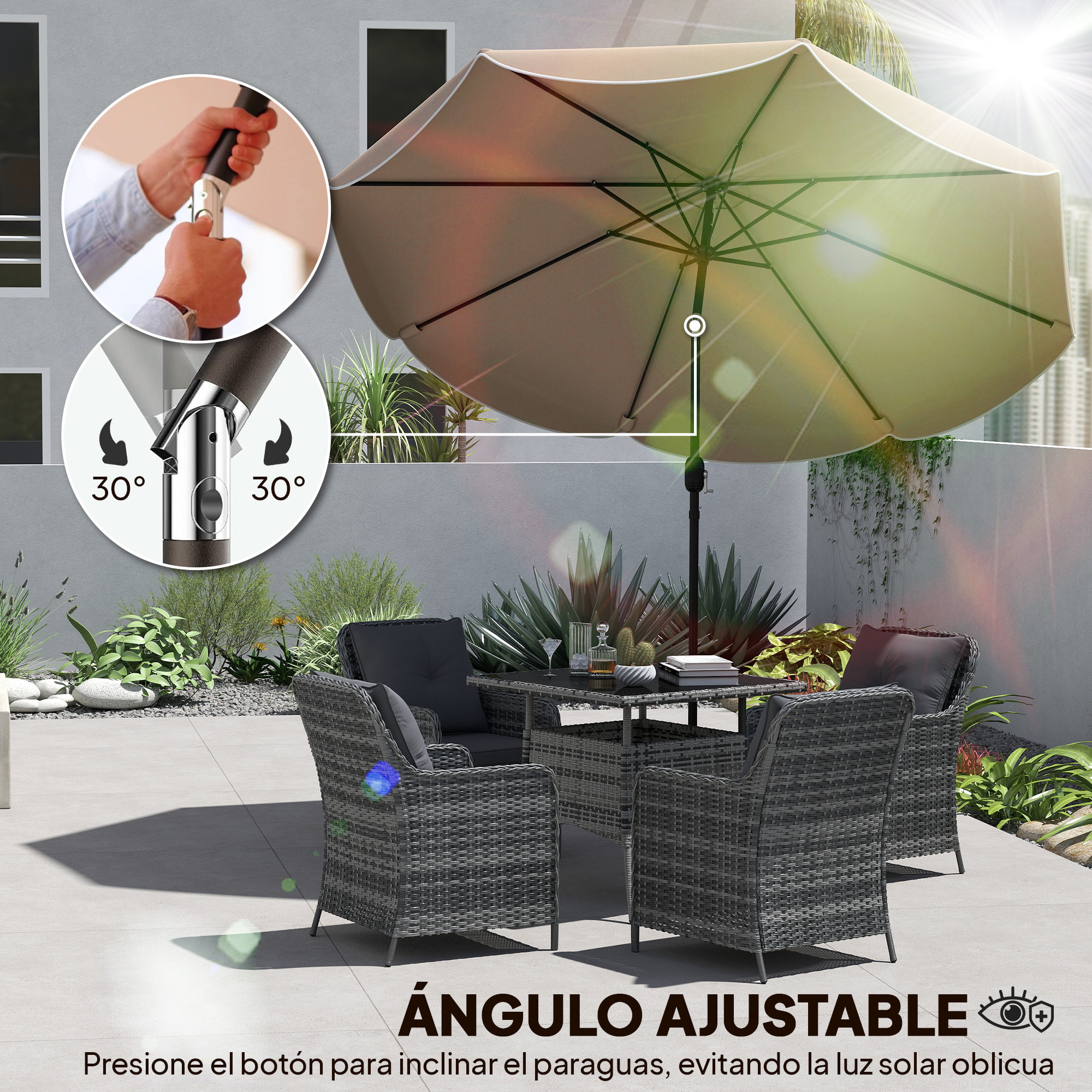 Sombrilla Terraza Exterior, Ø2,7 m, Sombrilla de Jardín con Inclinación Ajustable 3 Posiciones, Manivela y Volantes, Impermeable, Parasol para Playa, Patio, Terraza, Caqui