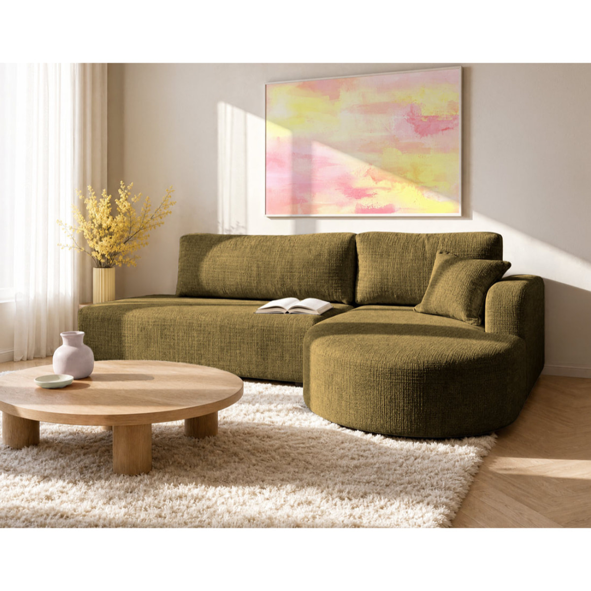 Miro - Canapé d'angle droit 4 places convertible avec coffre en velours texturé - Vert Olive