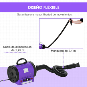 Secador de Pelo para Perros 2800W Secador para Mascotas con Temperatura y Velocidad del Viento Ajustable 3 Boquillas Tubo Flexible 2,1 m y Asa Portátil 40x16x20 cm Negro y Púrpura