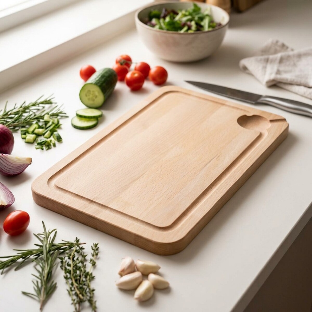 Planche à découper, hêtre avec rigolle et collecteur de sang 34 x 20 cm, par 2 FM Professional Gourmet édition