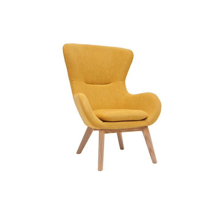 Fauteuil scandinave en tissu effet velours jaune moutarde et bois ESKUA