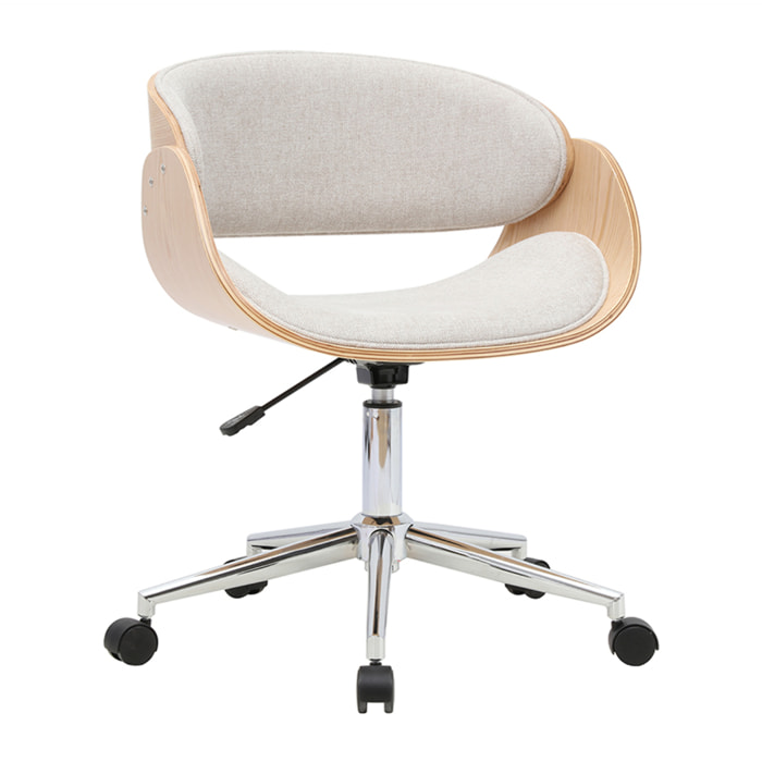 Chaise de bureau à roulettes design en tissu effet velours texturé beige, bois clair et acier chromé BENT