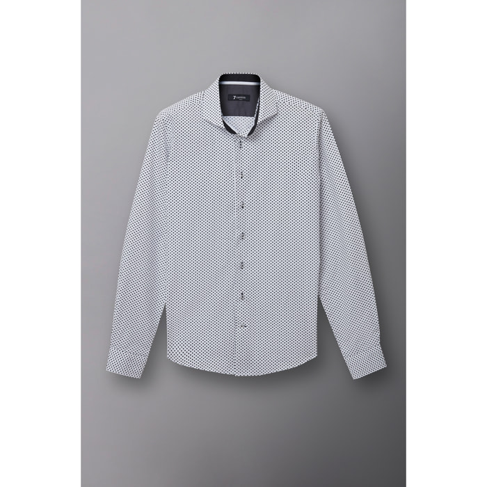 Camicia Uomo 1 Bottone Francese Slim Popeline Stampato Bianco/Nero