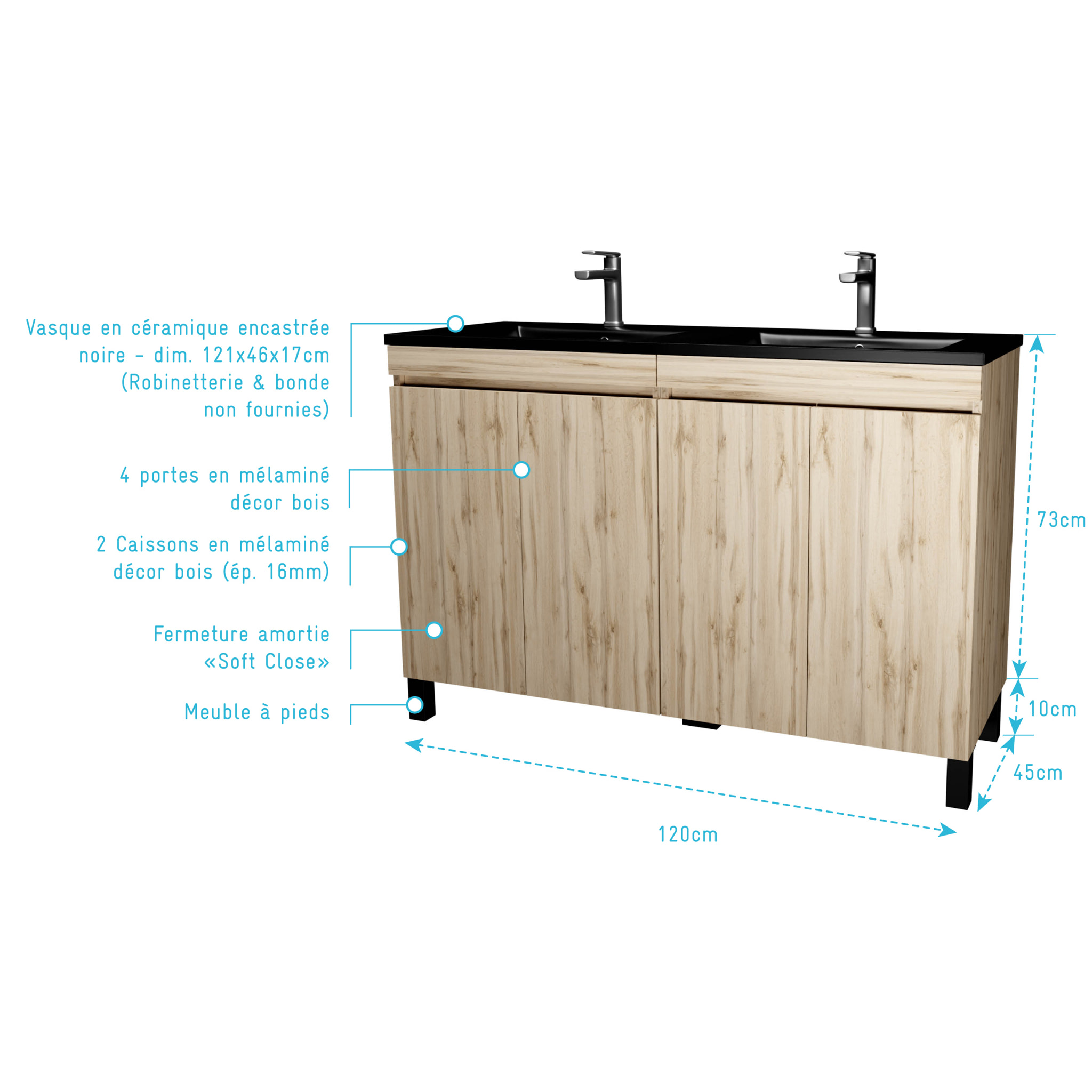 Meuble de salle de bains 120 cm 4 Portes Chêne Naturel + Vasque Double Céramique Noire - TIMBER