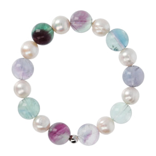 Bracciale Elastico con Fluorite Multicolore e Perle d'Acqua Dolce Bianche Ø 9.5/10.5 mm