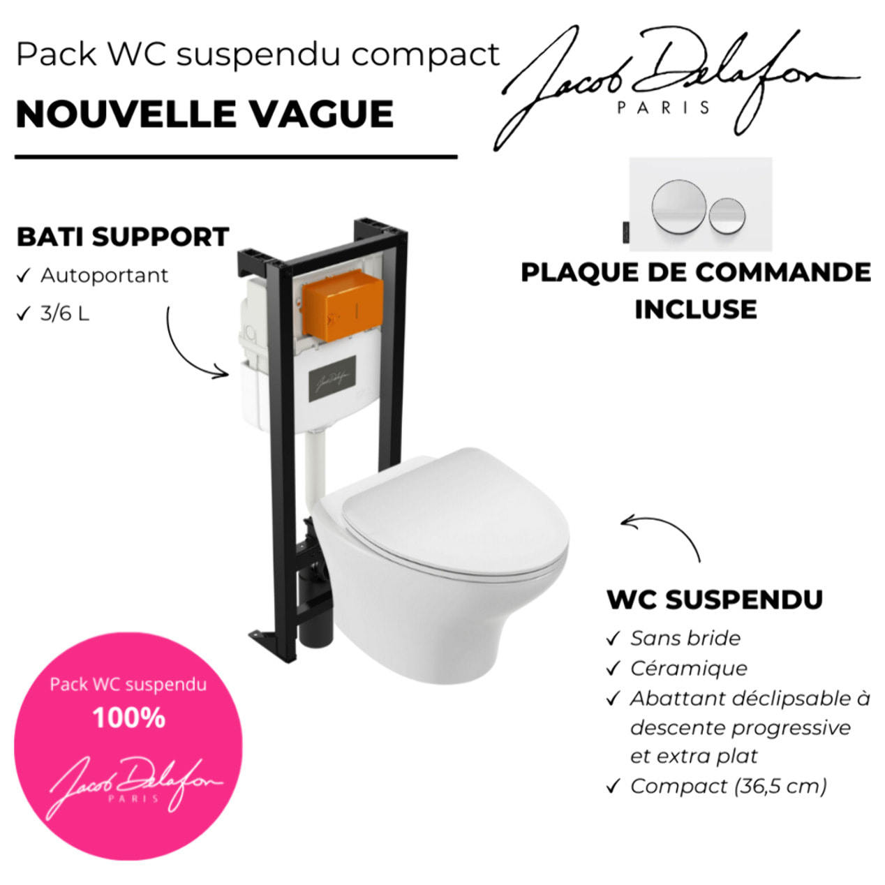 Pack WC suspendu sans bride compact Nouvelle vague+ bâti-support + plaque Blanc brillant/Blanc mat