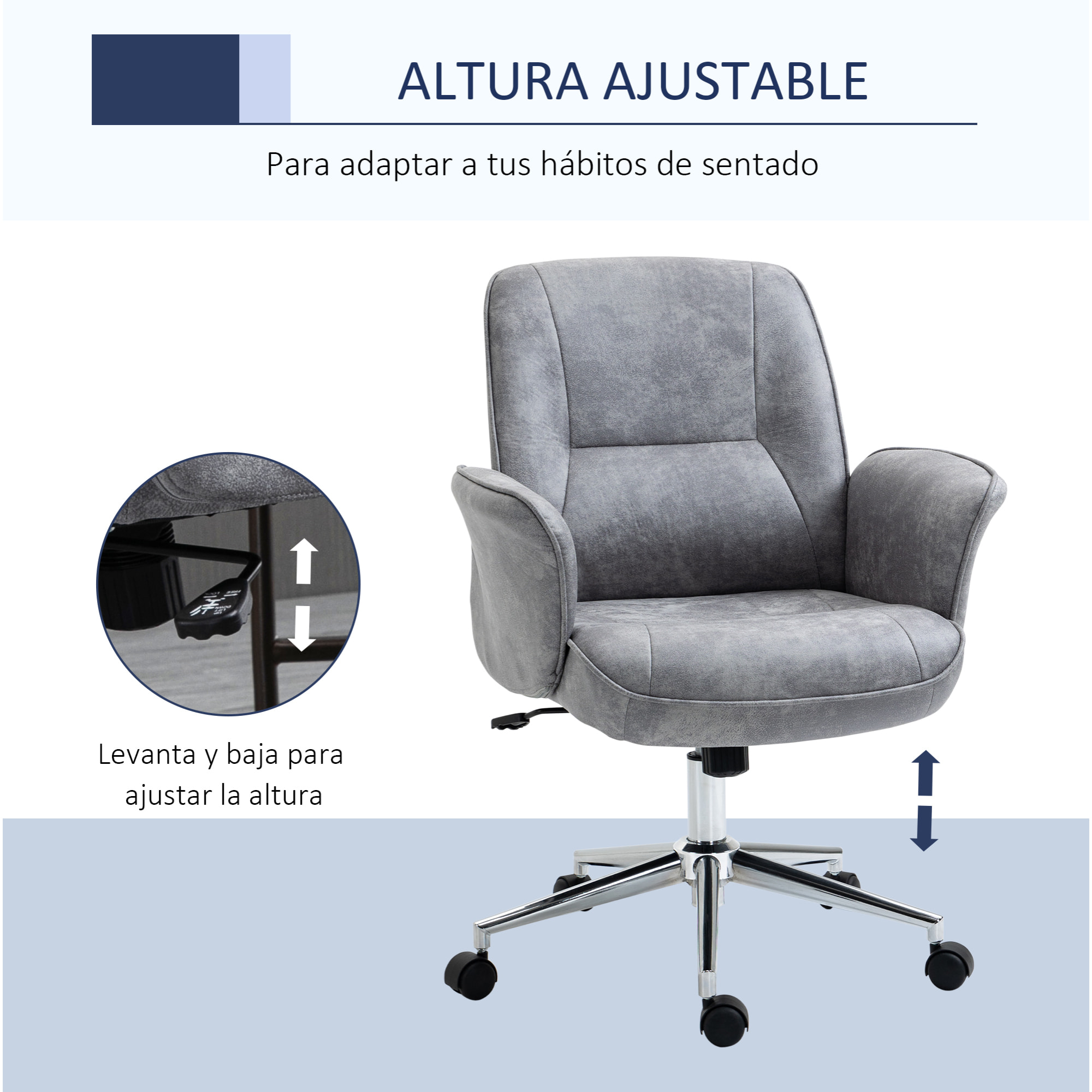 Vinsetto Silla de Oficina Ergonómica Silla Escritorio Giratoria y Ajustable en Altura con Asiento Reposabrazos y Respaldo Acolchados 67x69x92-102 cm Gris