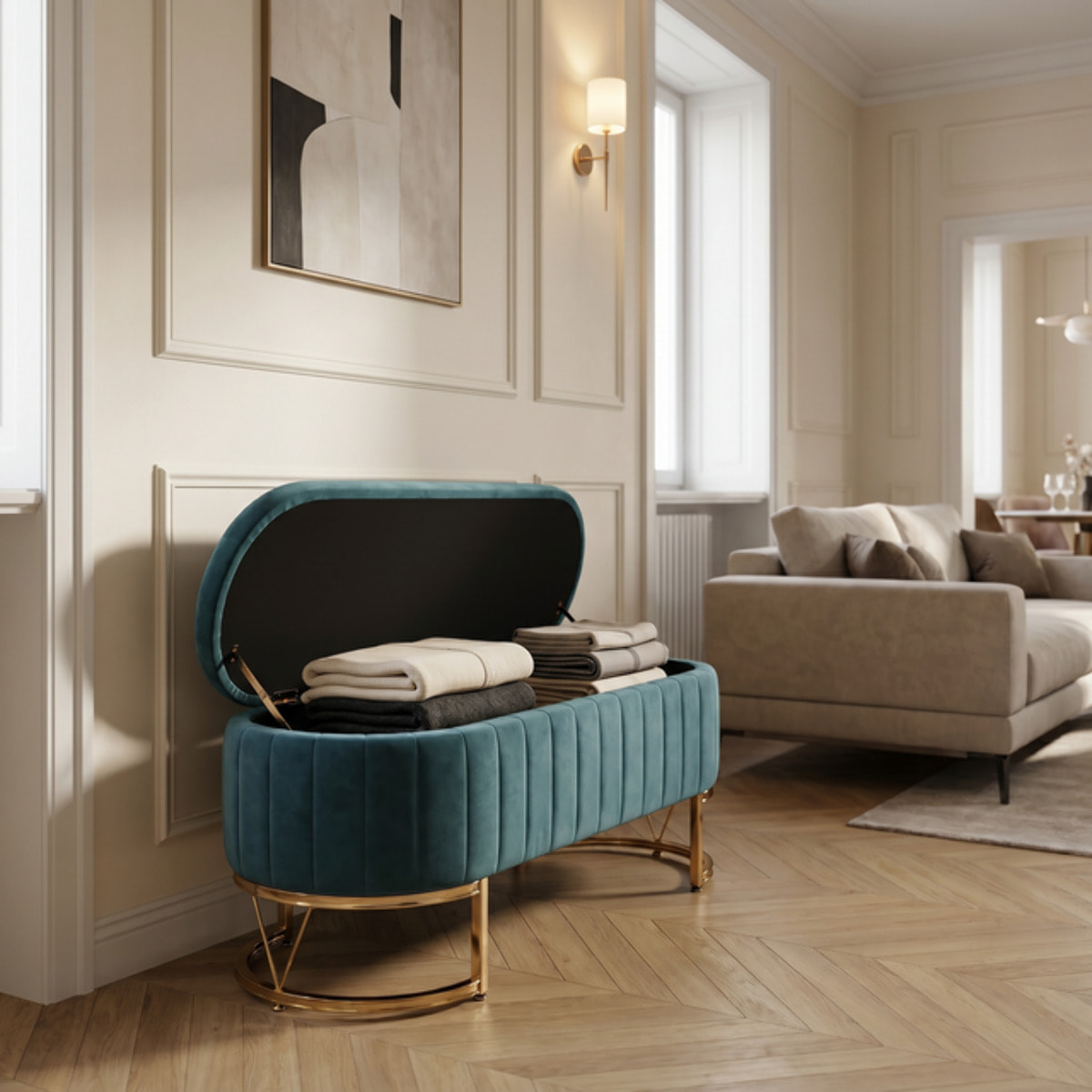 Panca Contenitore Ovale in Effetto Velluto con Ampio Vano Contenitore, Seduta Imbottita e Gambe in Acciaio, Design Elegante per Camera da Letto, Ingresso e Soggiorno