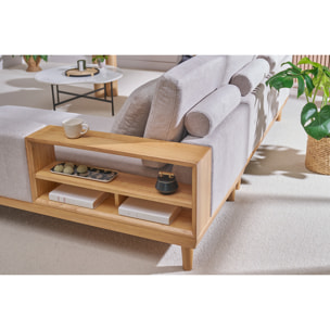 Canapé d'angle droit 5 places avec rangements en tissu effet velours texturé beige et bois clair KOMAO