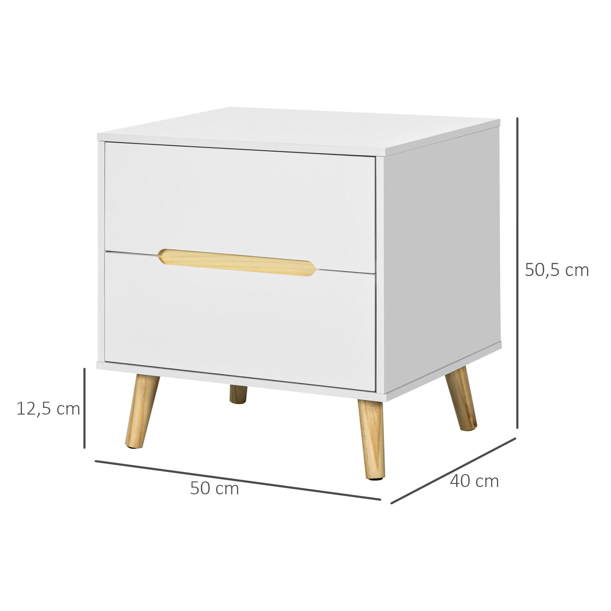 HOMCOM Mesita de Noche con 2 Cajones y Patas de Madera Mesilla de Noche para Dormitorio Salón Cama Oficina Estilo Moderno 50x40x50,5 cm Blanco