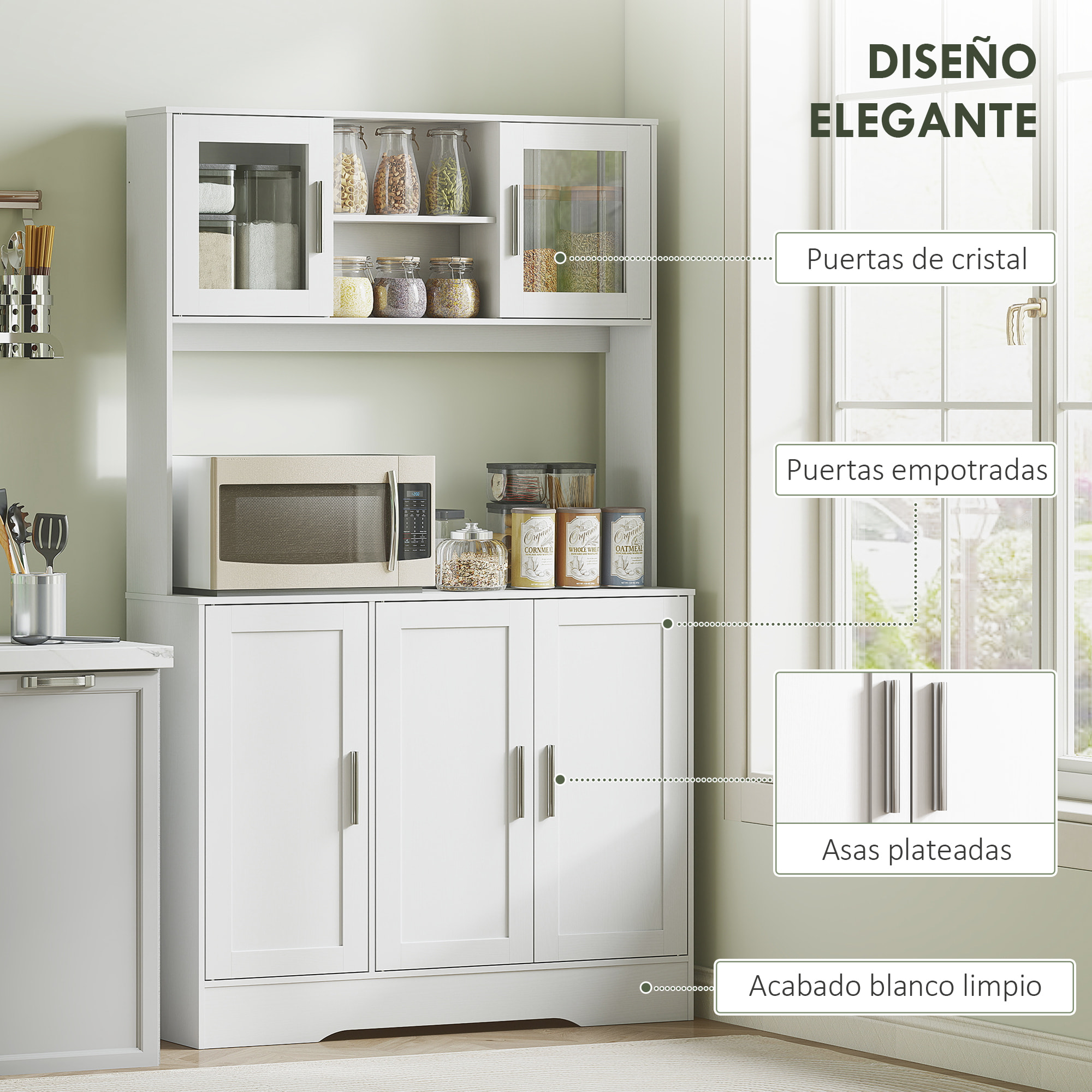 Alacena de Cocina, Mueble Auxiliar de Cocina con 2 Puertas de Vidrio, Encimera Amplia para Microondas, Compartimentos Abiertos, Estantes Ajustables, 108x35x180 cm, Blanco