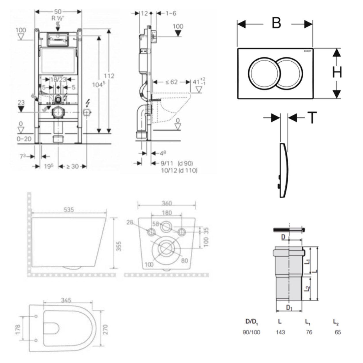 Pack WC bâti-support Duofix 112cm + WC suspendu sans bride Ceramia + abattant SoftClose + plaque blanche (CETORGEB3-VP)