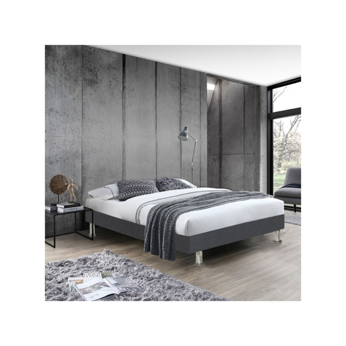 Ensemble matelas et sommier 90x190 cm en tissu gris - LOIRE