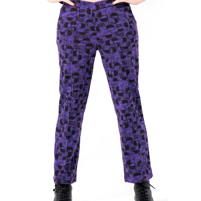 Mamatayoe Acquerello. Pantalón Largo Estampado de Mujer de Color Morado para Otoño Invierno. Pantalón de Vestir Recto de Algodón con Cintura Cruzada y Bolsillos Laterales.