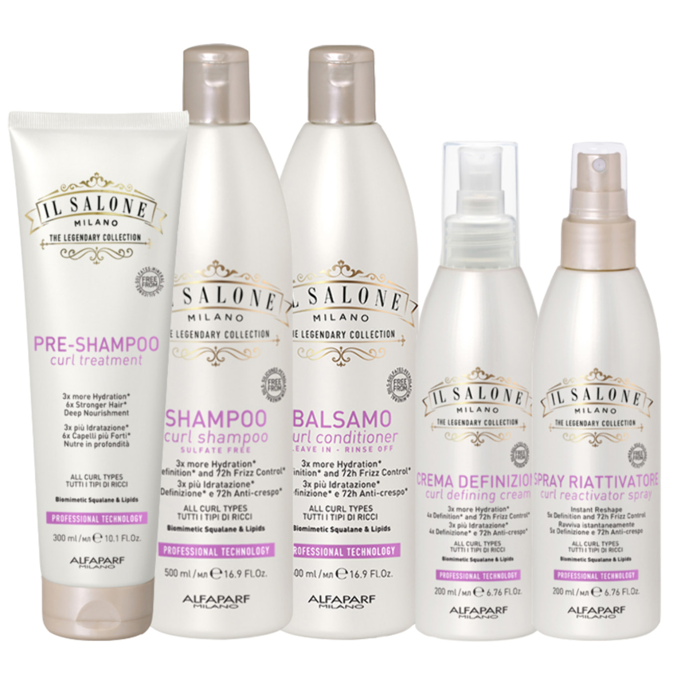 ALFAPARF MILANO Kit Il Salone Curl Pre Shampoo 300ml + Shampoo 500ml + Conditioner 500ml + Crema 200ml + Spray 200ml