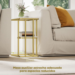 Mesa Auxiliar Estructura en C, Mesita Auxiliar Estrecha de 2 Niveles con Estante, Mesita de Noche Moderna Para Espacios Pequeños, Salón, Dormitorio, 50x30x57,5 cm, Blanco Efecto Mármol