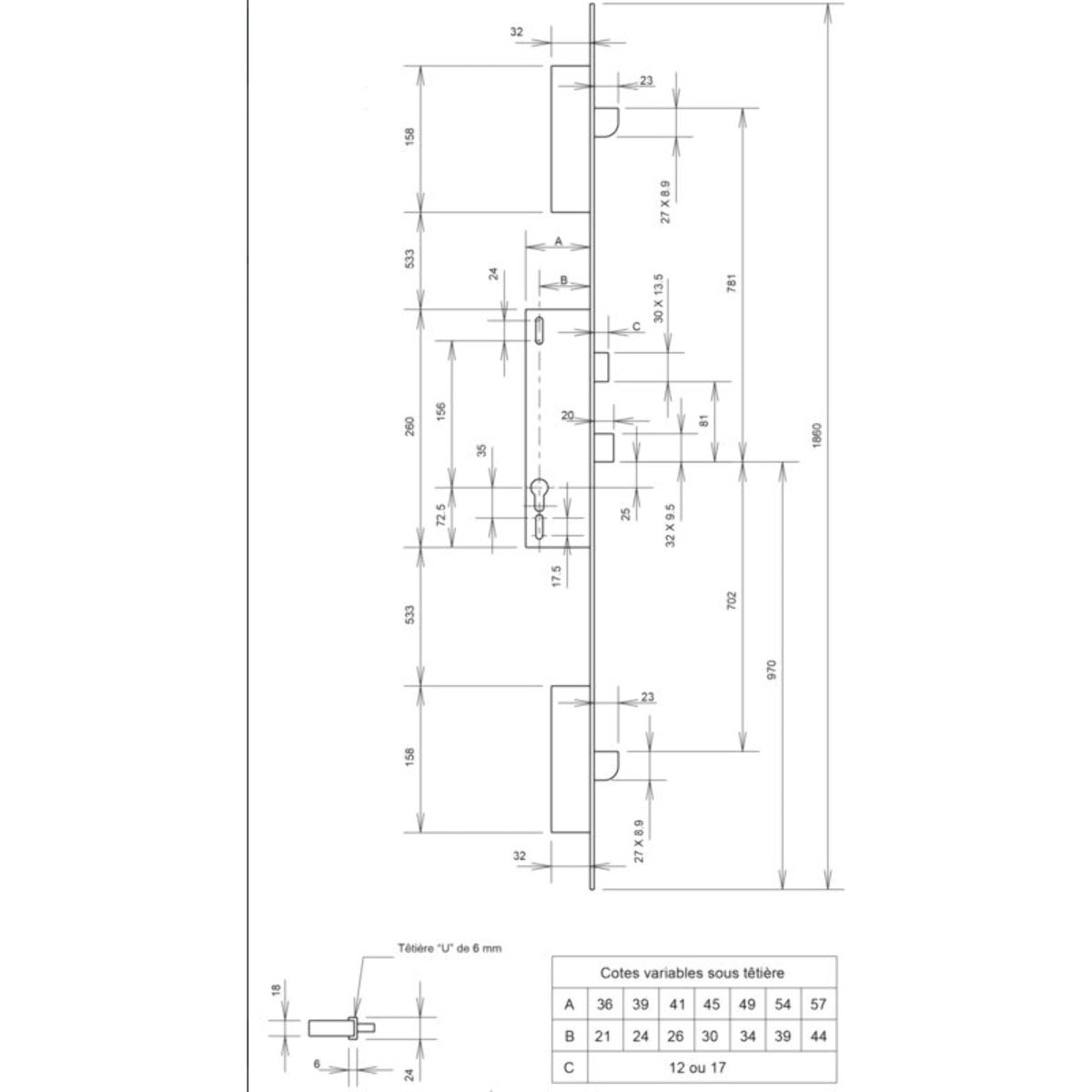 Serrure 3 points 92MTX METALUX pêne basculant 1/2 tour U7/45 mm - Sans gâche - F1U7450200