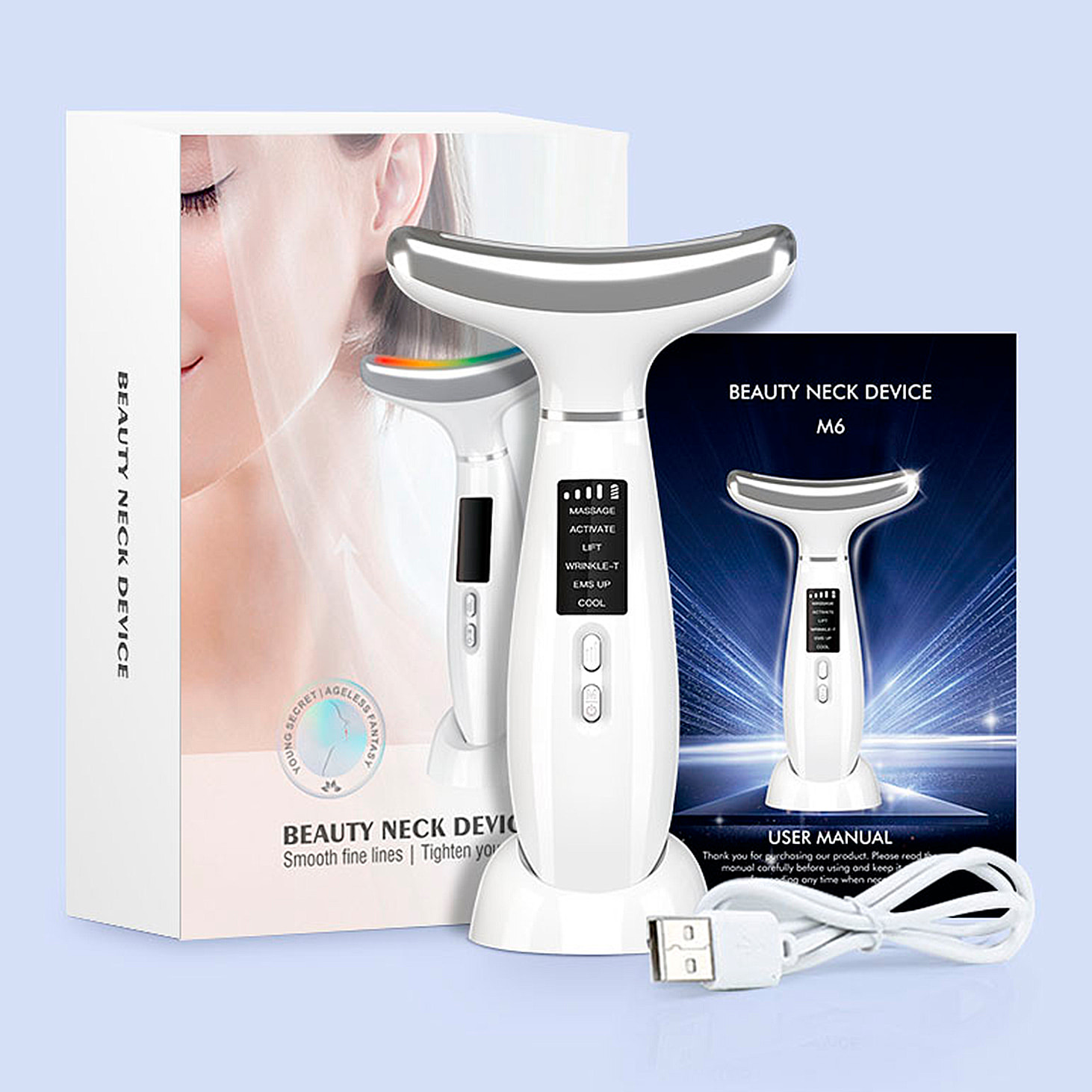 Dispositivo di bellezza 6 in 1 con LED, EMS, ioni, freddo, calore e vibrazione.