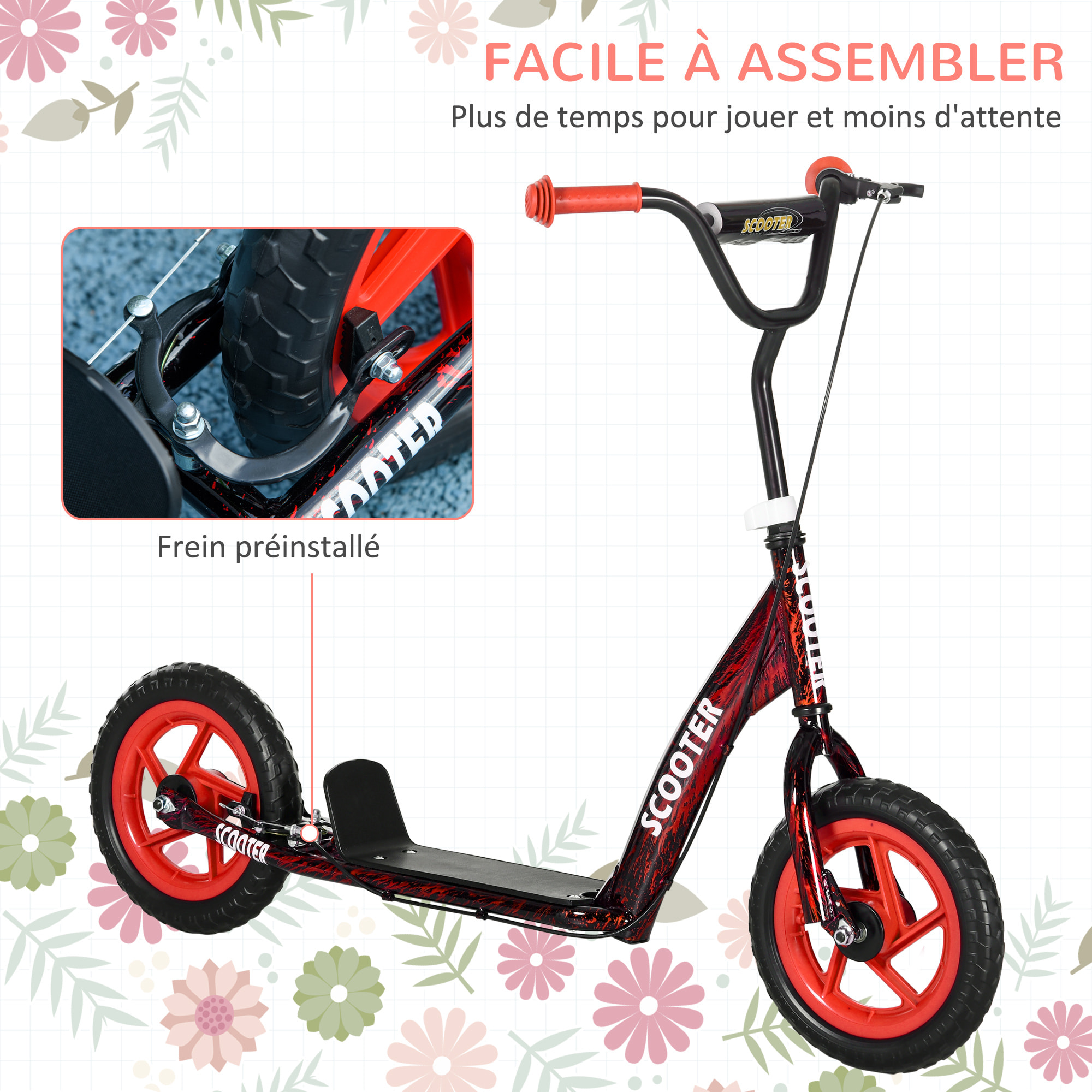 Trottinette patinette enfant à partir de 6 ans roues 30 cm guidon réglable poignée frein et béquille acier rouge