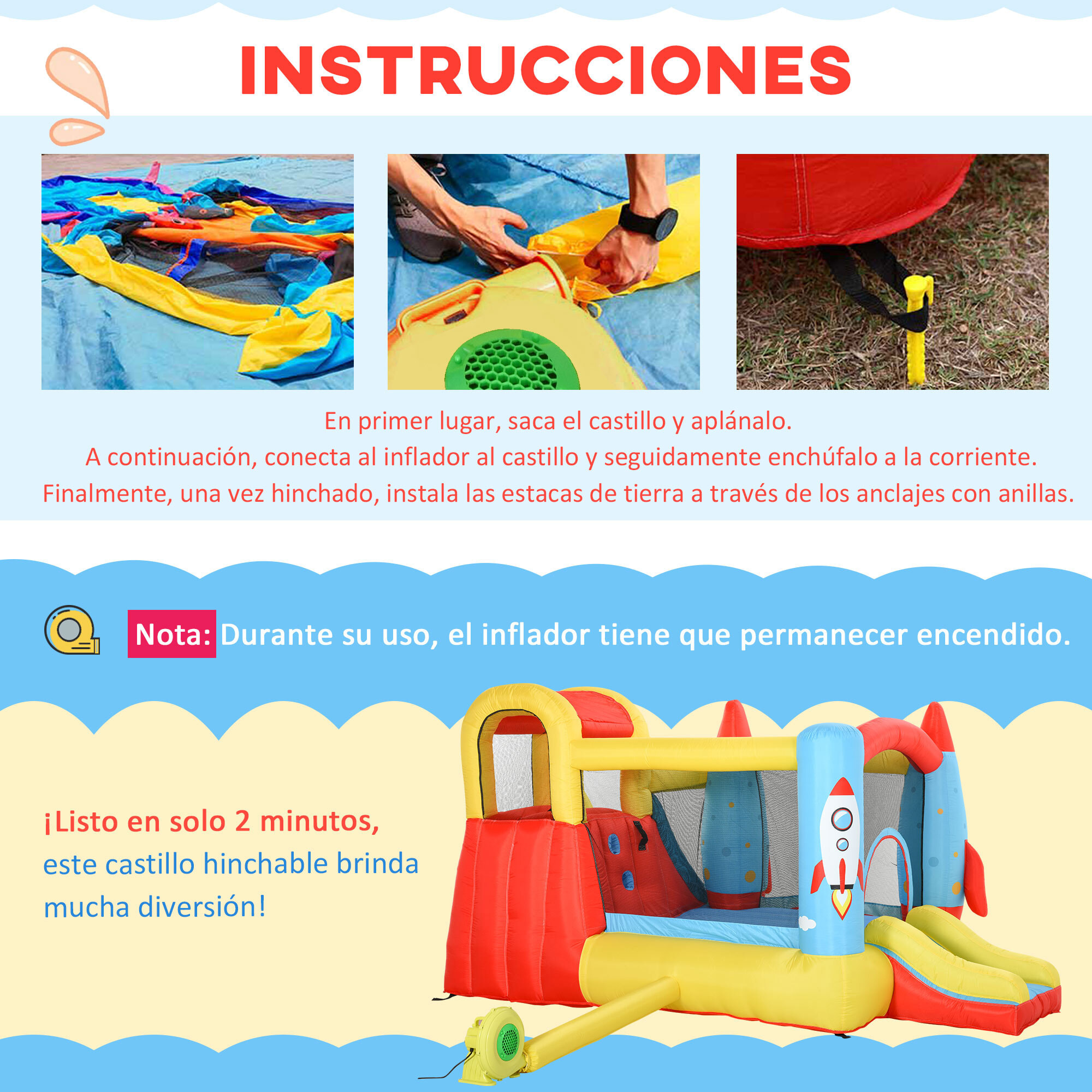 Castillo Hinchable con 2 Toboganes Cama de Salto y Piscina para Niños +3 Años con Inflador y Bolsa de Transporte para Interior Exterior 330x265x185 cm Multicolor