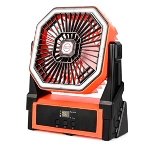 Ventilatore A18 con motore senza spazzole, LED con 36 luci, 4 velocità, 3 livelli di luce e timer. Angolo regolabile di 90° con gancio per appendere e powerbank da 10000 mAh.