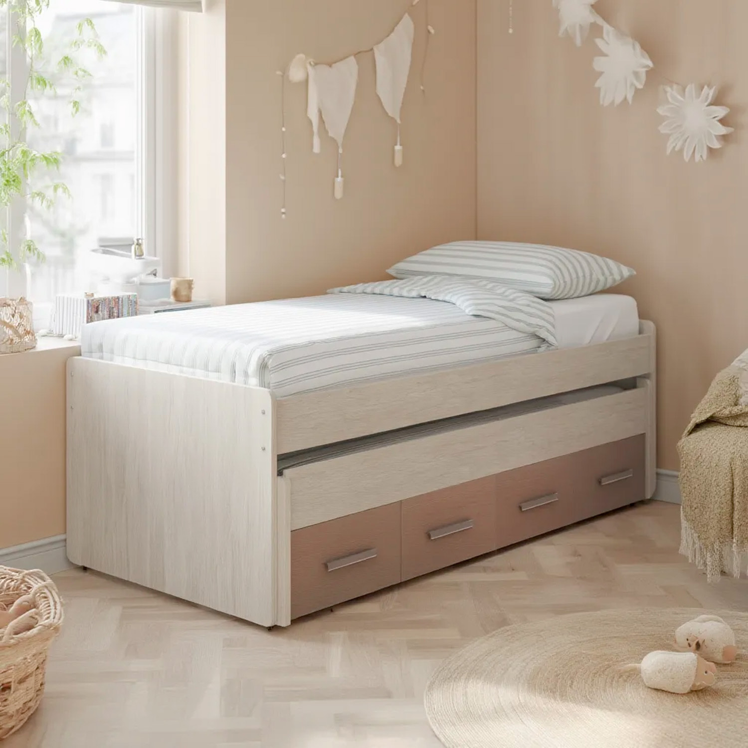 Letto A Castello Con Letto Estraibile E 2 Cassetti Contenitore Per Cameretta Bambini Ragazzi Salvaspazio 198 x 69 x 96 Cm Rovere Chiaro E Tortora