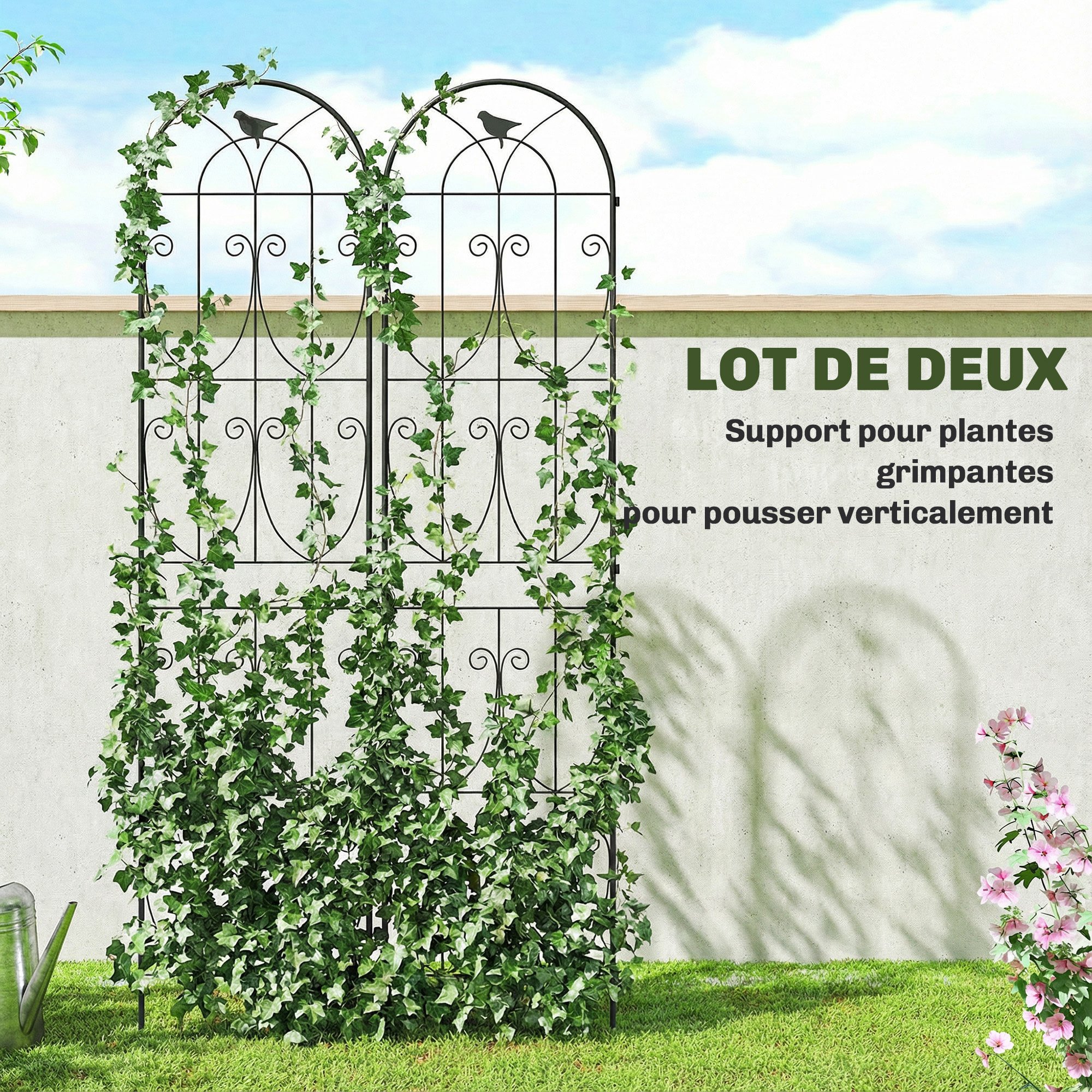 Treillis de jardin effet fer forgé oiseau - 2 supports plantes grimpantes - 50 x 220 cm - métal époxy noir