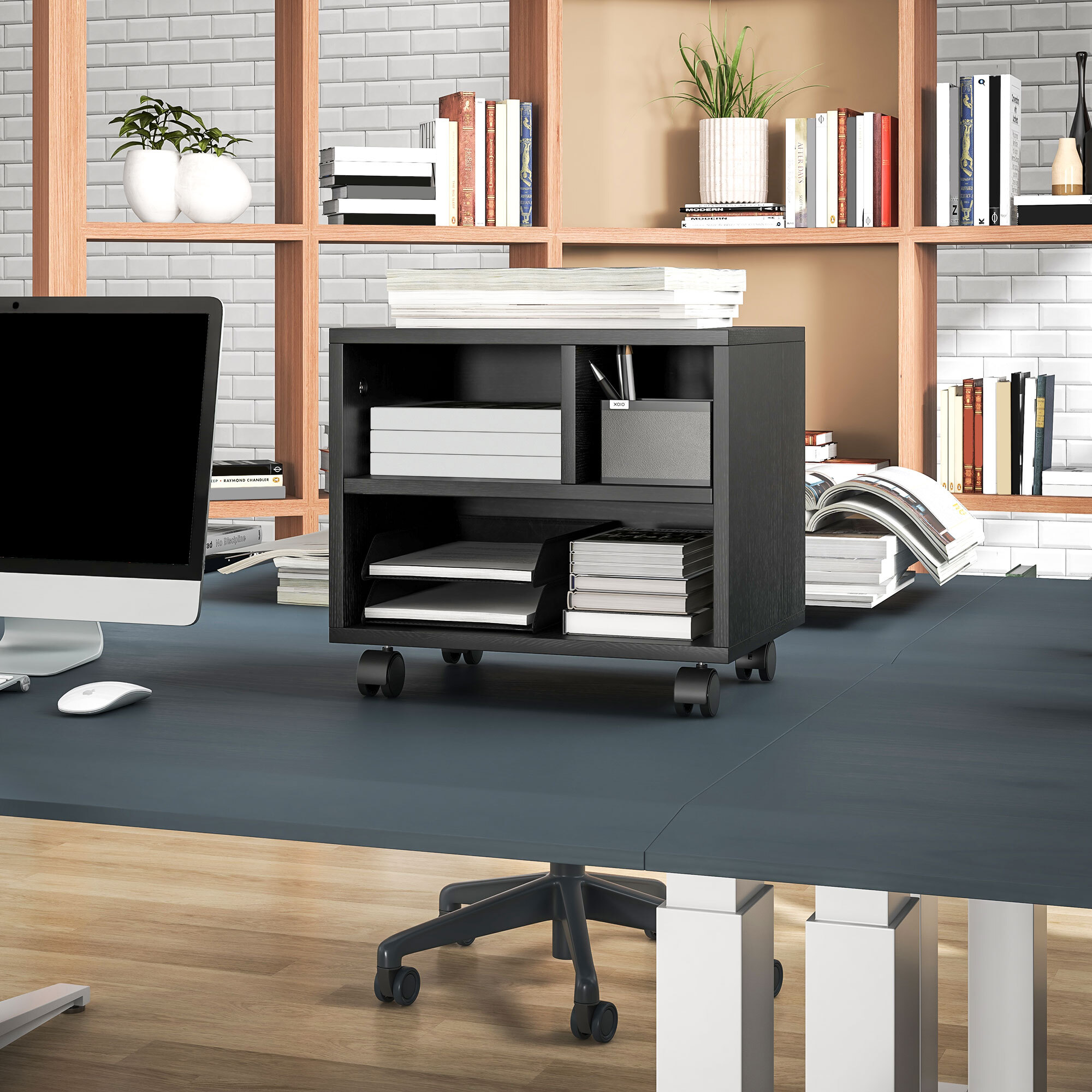 Mueble de Impresora con Ruedas Soporte de Impresora con Compartimentos Abiertos para Oficina Estudio 40x30x36 cm Negro