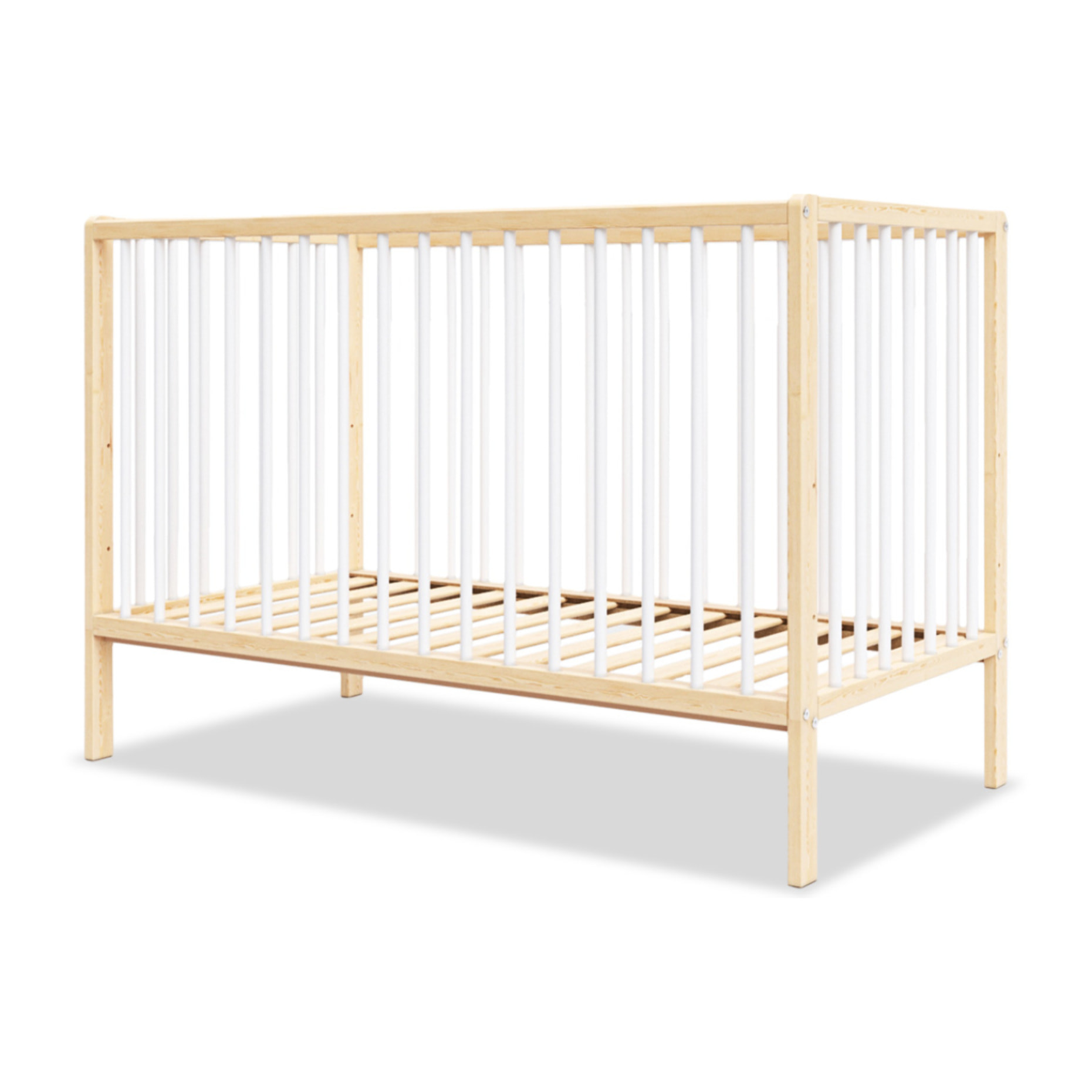 Lit Bébé Évolutif Mathis 60x120 cm, Couleur Bois Naturel & Blanc, Sommier Réglable 3 Hauteurs, Barreaux Amovibles, Lit Bébé Bois Massif