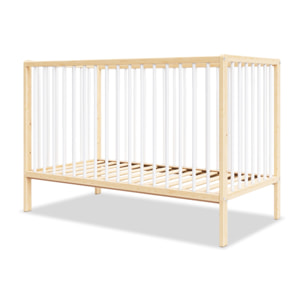 Lit Bébé Évolutif Mathis 60x120 cm, Couleur Bois Naturel & Blanc, Sommier Réglable 3 Hauteurs, Barreaux Amovibles, Lit Bébé Bois Massif