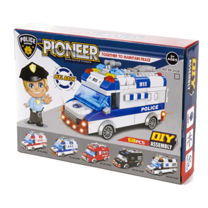 Furgone di polizia con luci ed effetti sonori. Da costruire, 68 pezzi. Funzionamento a inerzia di retromarcia.