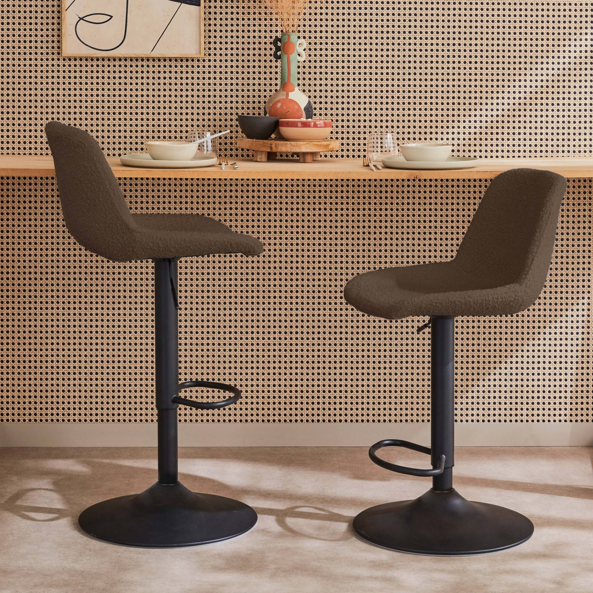 Lot de 2 tabourets de bar réglables - Noah - bouclette texturée taupe - hauteur réglable 60.5/81.5cm . repose-pieds