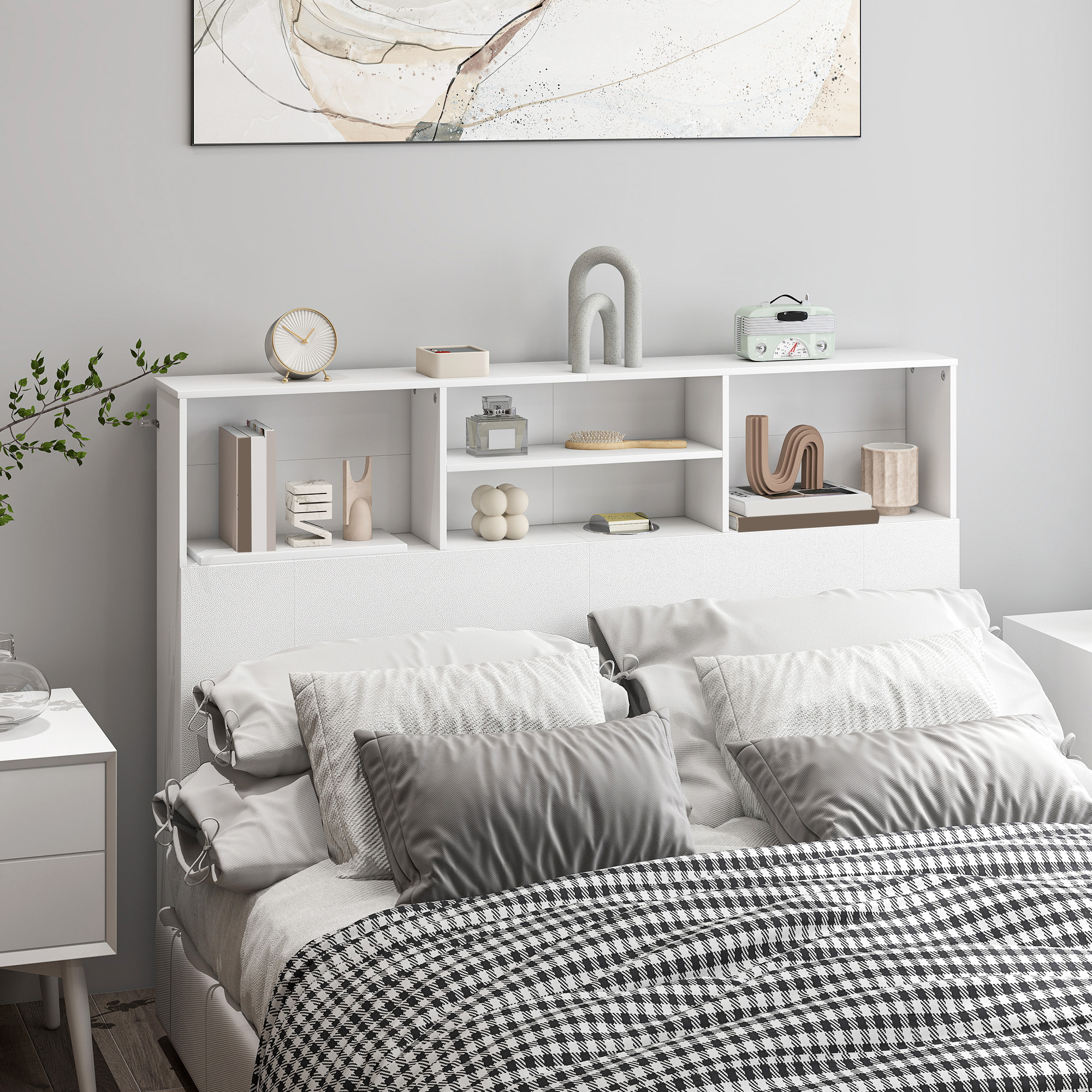 Tête de lit avec rangement - tête de lit bois 140 cm - 4 niches, grande étagère - blanc