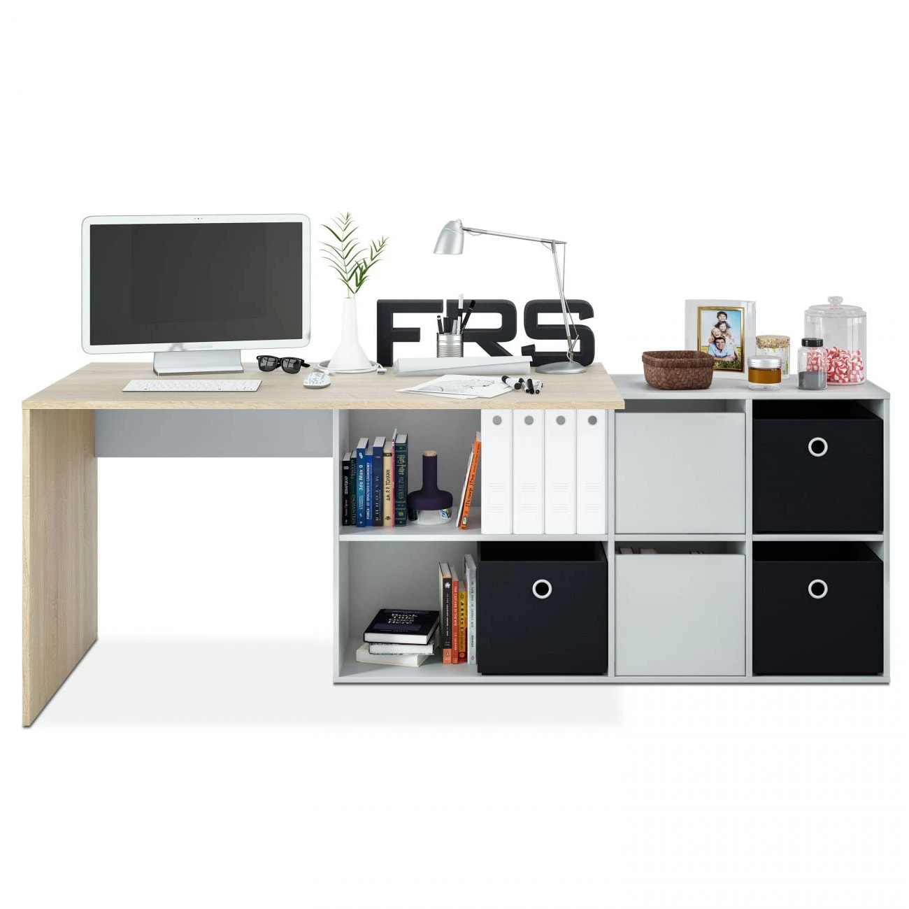 Mesa de escritorio Adapta XL Blanco Artik (Blanco Mate) - Roble Canadian